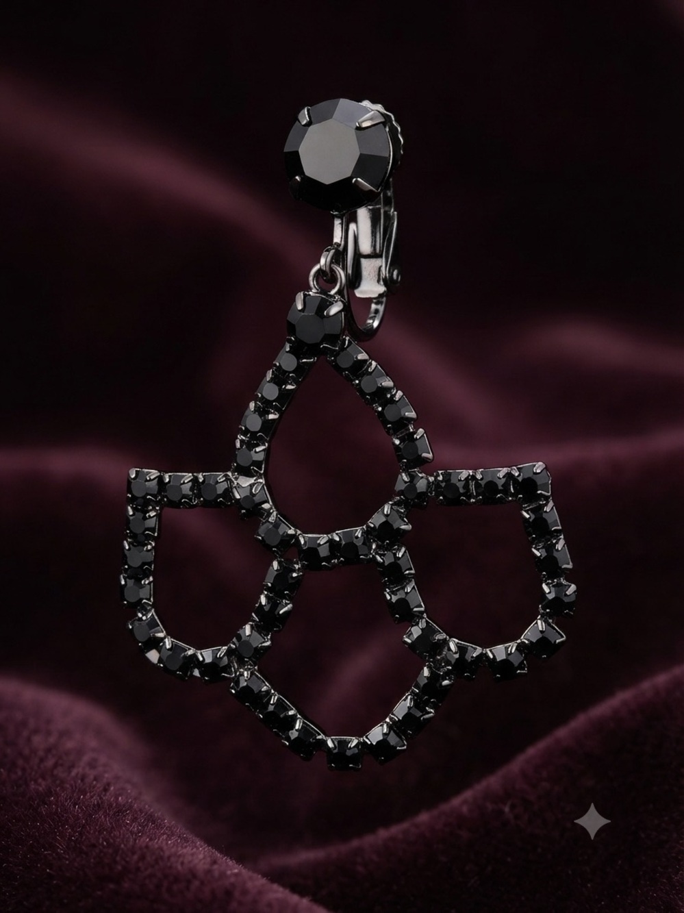 Vintage Black Crystal Floral Drop Clip On Earrings - Women Jewelry